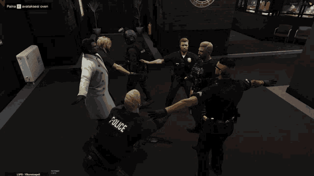 a group of police officers are standing around a woman in a white coat in a video game