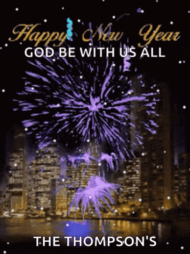 a new year greeting card with fireworks and the name thompson 's