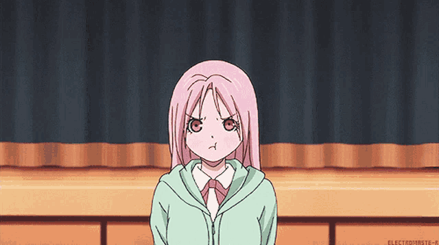 a girl with pink hair is standing in front of a curtain