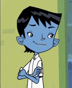 a cartoon boy with blue hair and ears is standing with his arms crossed