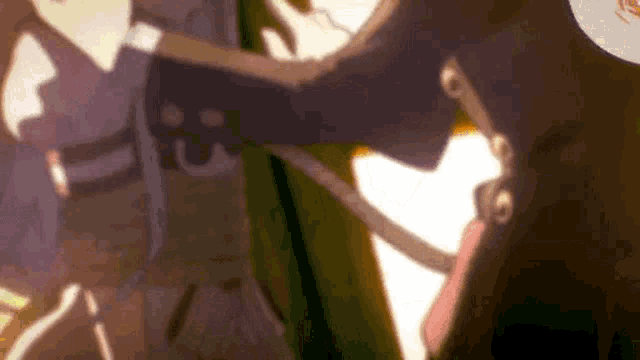 a close up of a person holding another person 's hand in a blurry anime scene .