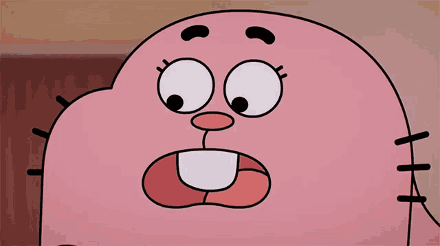 a close up of a cartoon character with a surprised expression