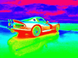 a colorful image of a car with a rainbow background