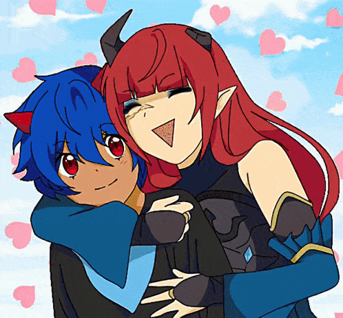 a girl with red hair and horns is hugging a boy with blue hair and red horns