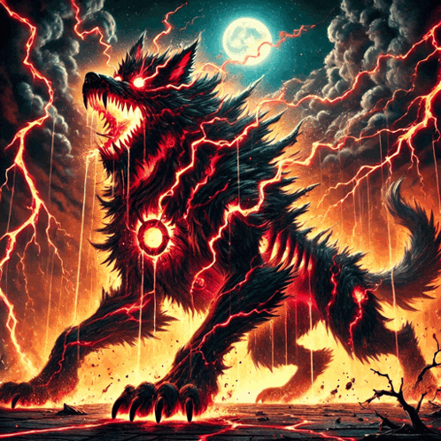 a painting of a monster with lightning coming from its mouth