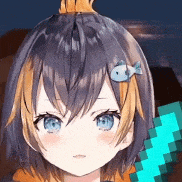 a close up of a girl with a fish in her hair and a sword in her hand .