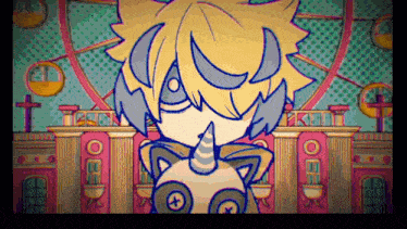 a cartoon character with horns is standing in front of a ferris wheel and a sign that says ' aed '