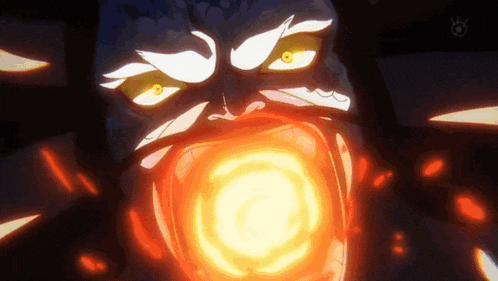 a close up of a cartoon character 's face with a fireball coming out of it .
