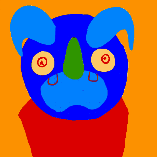 a cartoon drawing of a blue monster with a green nose