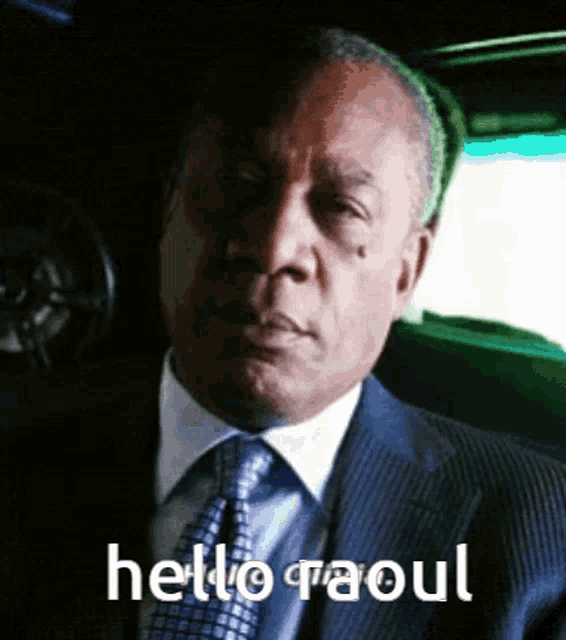 a man in a suit and tie is sitting in a car and says hello raoul .