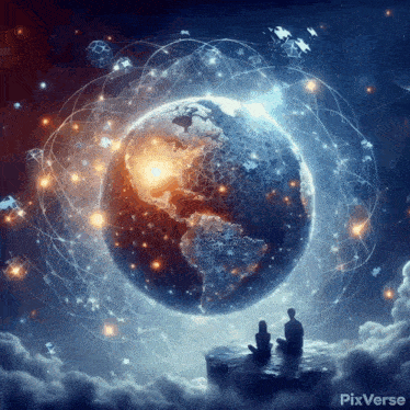 a couple sitting on a rock looking at a globe with pixverse written on the bottom