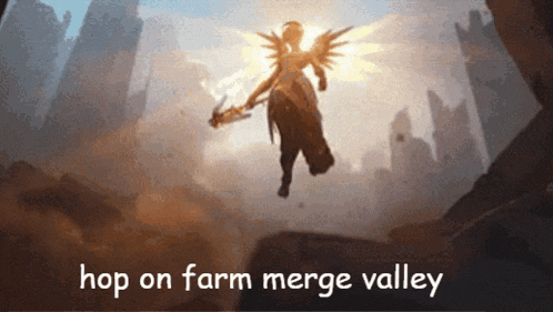 a painting of a woman on a horse with the words hop on farm merge valley below her