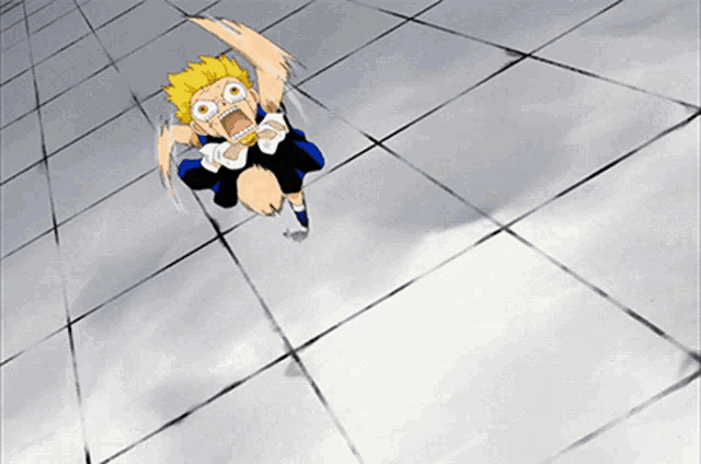 a cartoon character is flying through the air with his mouth open .