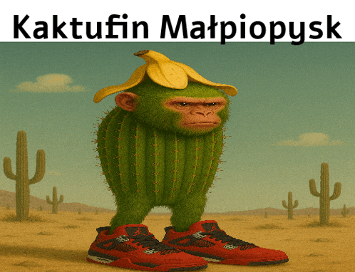 a picture of a monkey dressed as a cactus with a banana on its head