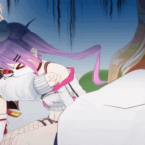 a girl with purple hair and a white shirt is laying down