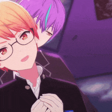 two anime characters are standing next to each other with one wearing glasses