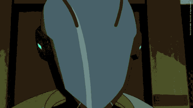 a close up of a robot 's face with glowing green eyes
