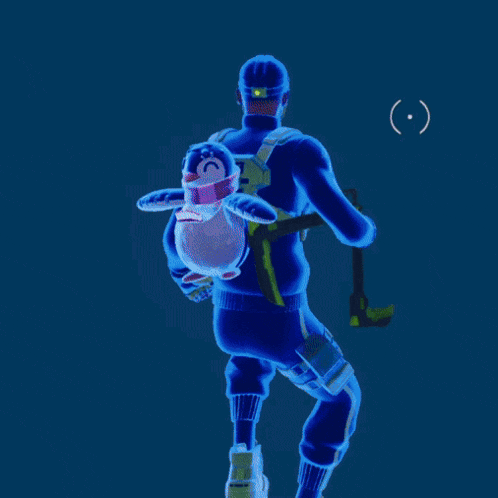 a man in a blue suit is carrying a stuffed penguin on his back