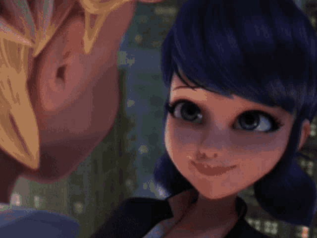 a close up of a cartoon character with blue hair smiling at a man .