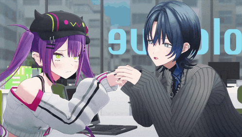 a girl with purple hair is holding the hand of another girl with blue hair