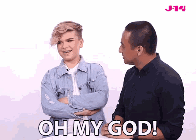 a man and a boy are standing next to each other and the boy says oh my god