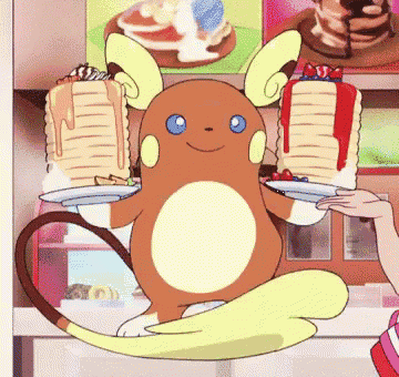 a cartoon character is holding a stack of pancakes on a tray