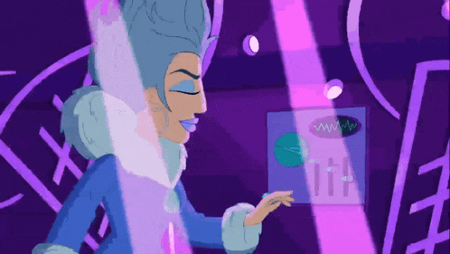a cartoon drawing of a woman in a blue coat looking at a screen