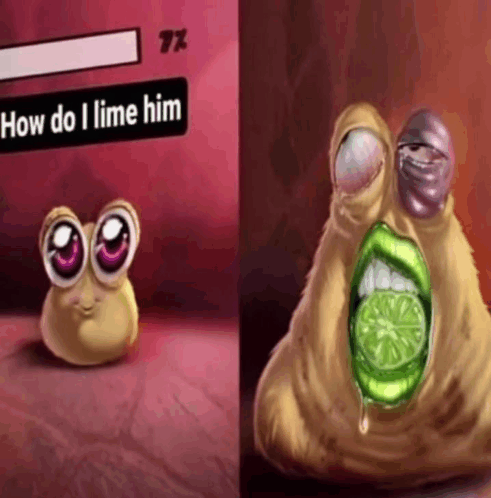 a picture of a cartoon character next to a picture of a cartoon character with limes in its mouth