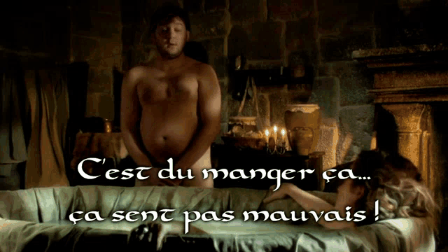 a man is standing next to a woman in a bathtub with the words cest du manger ca sent pas mauvais written below him