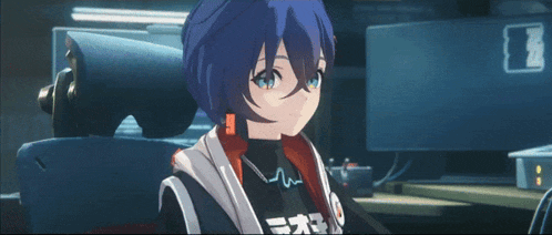 a girl with blue hair is wearing a shirt that says ' i ' on it