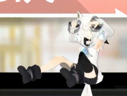 a cartoon character with a sheep 's head on her head is sitting on a table .