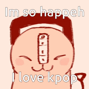 a drawing of a cat with the words im so happen i love kpop