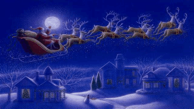 santa claus is flying in a sleigh pulled by reindeer over a snowy town .