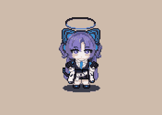 a pixel art of a girl with purple hair and blue ears