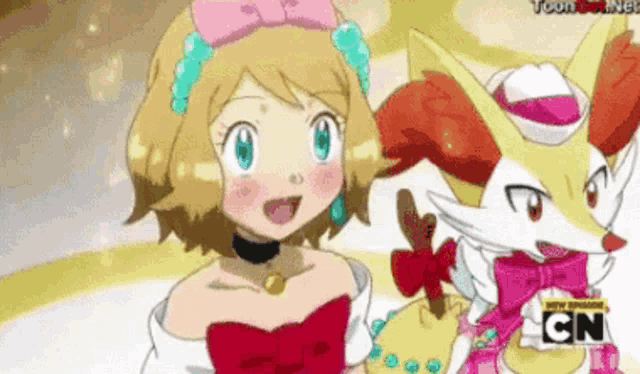a girl and a fox are standing next to each other with cn written on the bottom right