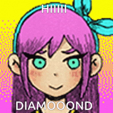 a cartoon girl with purple hair and green eyes is smiling and looking at the camera .