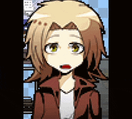 a pixel art of a girl with brown hair and green eyes .
