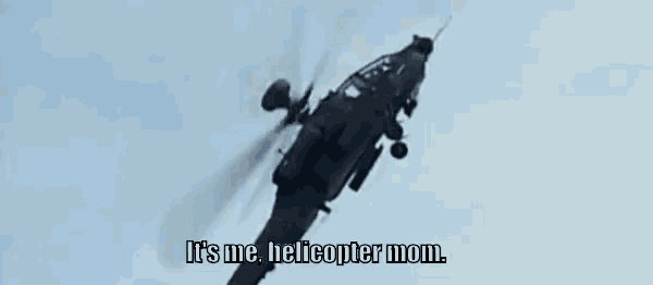 a helicopter is flying through a blue sky with the words `` it 's me helicopter mom '' written on it .