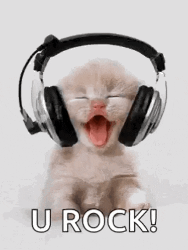 a kitten wearing headphones with its mouth open and the words `` u rock '' below it .