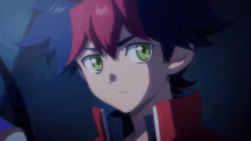 a boy with red hair and green eyes is looking up