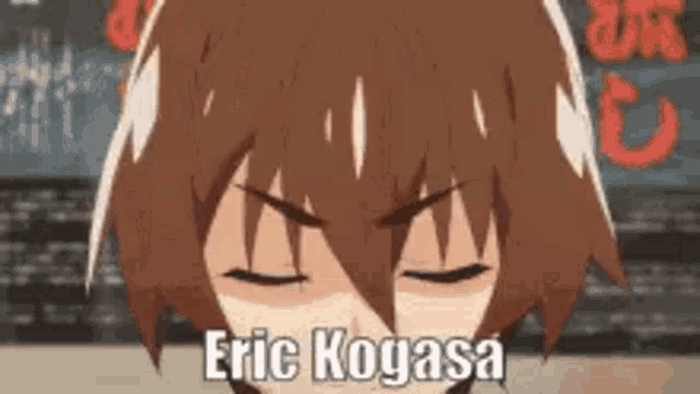 a close up of a person with their eyes closed and the name eric kogasa written on the bottom .