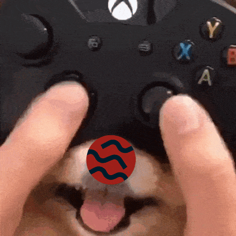 a close up of a person playing a video game with a dog sticking out its tongue