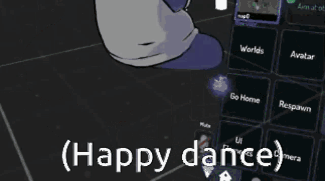 a picture of a cartoon character with the words happy dance on the bottom
