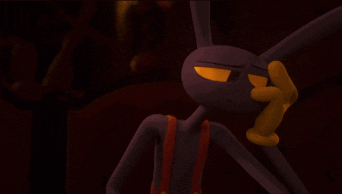 a purple cartoon character with yellow eyes is covering his face