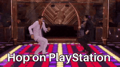 two men are dancing on a dance floor with the words `` hop on playstation '' written above them .