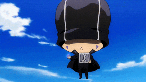 a cartoon character is flying through the air with a blue object in his hand