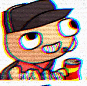 a cartoon character wearing a hat and holding a cup