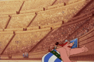 a cartoon character is standing in front of an empty stadium