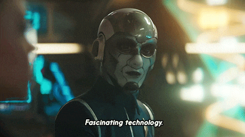 a robot says fascinating technology in front of a blurry background