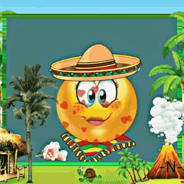 a cartoon smiley face wearing a sombrero and a sweater with hearts on it